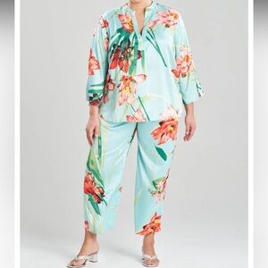 NATORI satin pajama set water lily PJ set tropical print top & bottoms size 1X